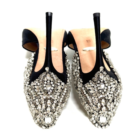 Badgley Mischka Volare Black Satin Crystal Embellished Stiletto Heels US5.5 - Picture 12 of 13